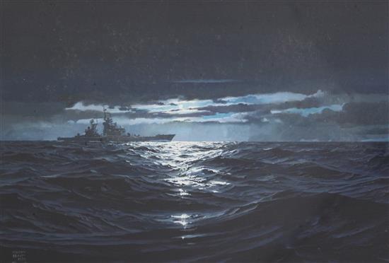 Geoff Hunt (-2008) Battleship under moonlight 16 x 22.5in.